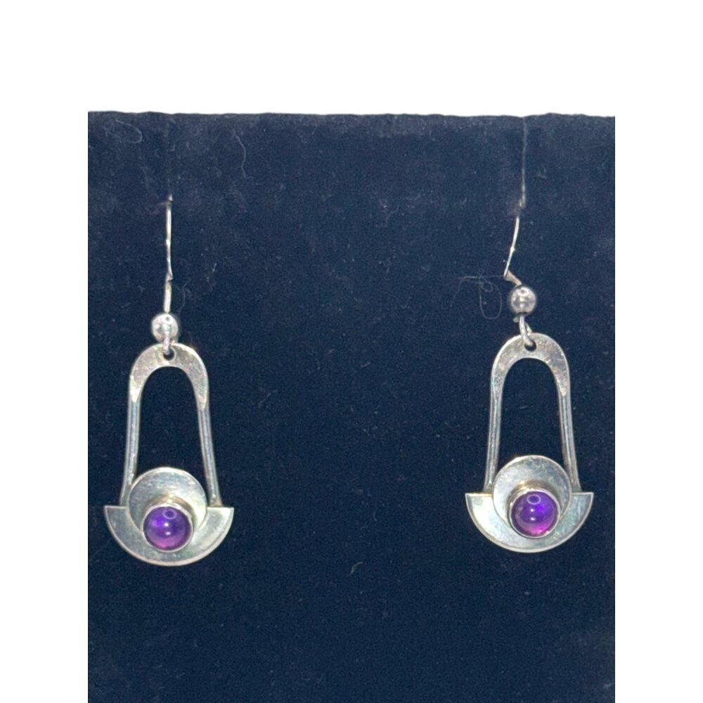 Vintage Sterling Silver & Amethyst Earrings Modernist Design - Picture 4 of 7